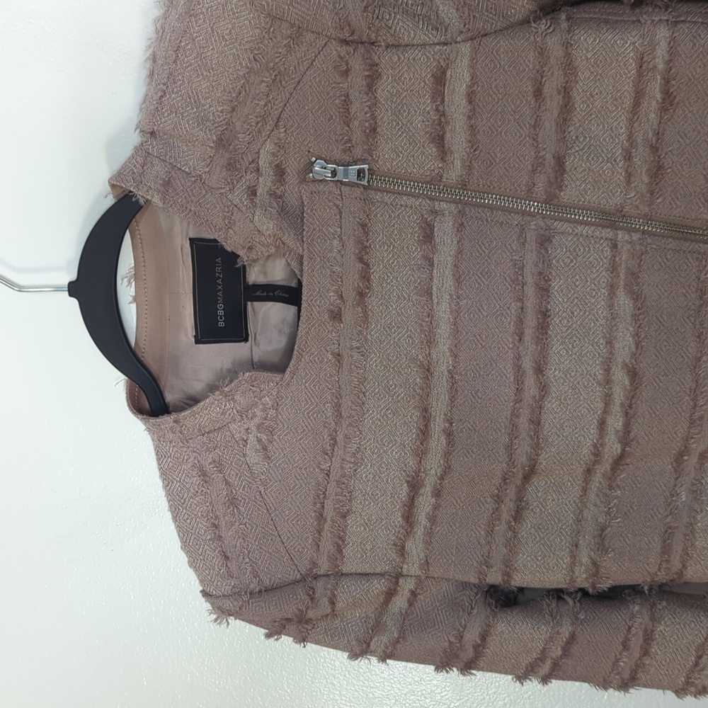 NWOT BCBGMaxAzria Brown Beige Mixed Media Fringe Moto Zipper Jacket Medium - Picture 3 of 7